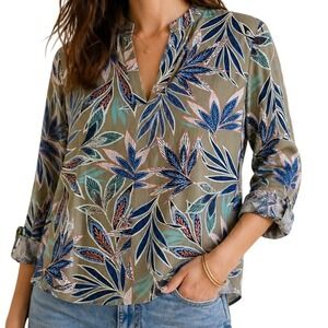 Amana V-Neck Blouse Womens Medium Taupe‎ Tropical Leaf Roll Tab 3/4 Sleeve Top
